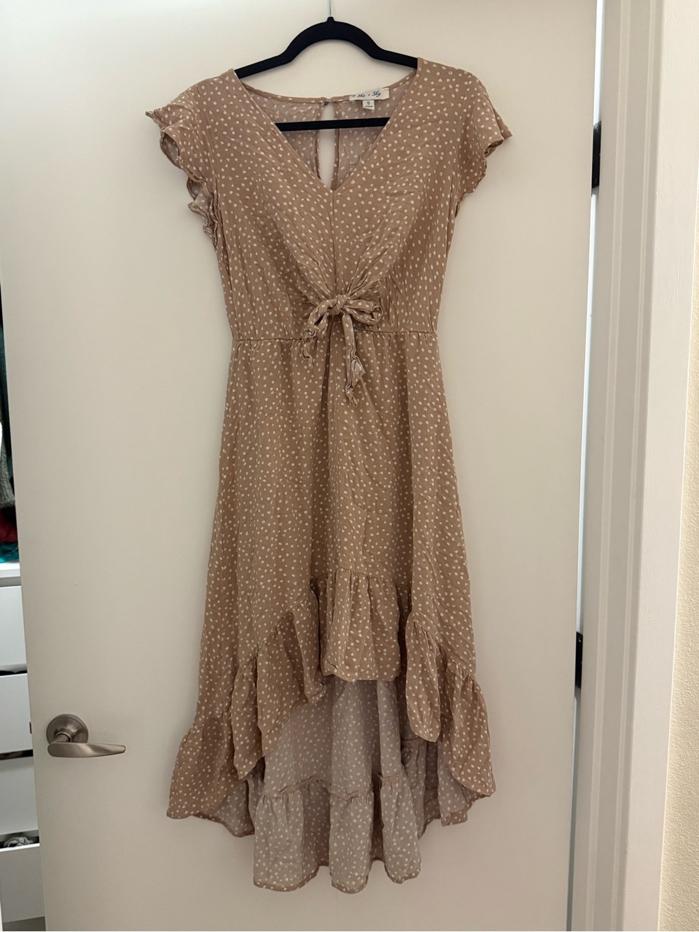 She + Sky Beige Polka Dot Tie-Waist High-Low Dress